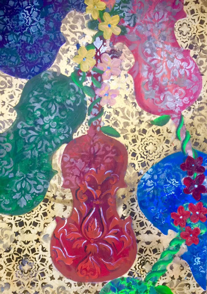 Tela 50x70 cm
tecnica mista olio/acrilici
Violini che suonano, fiori che nascono, oro che riluce. La musica che pervade.