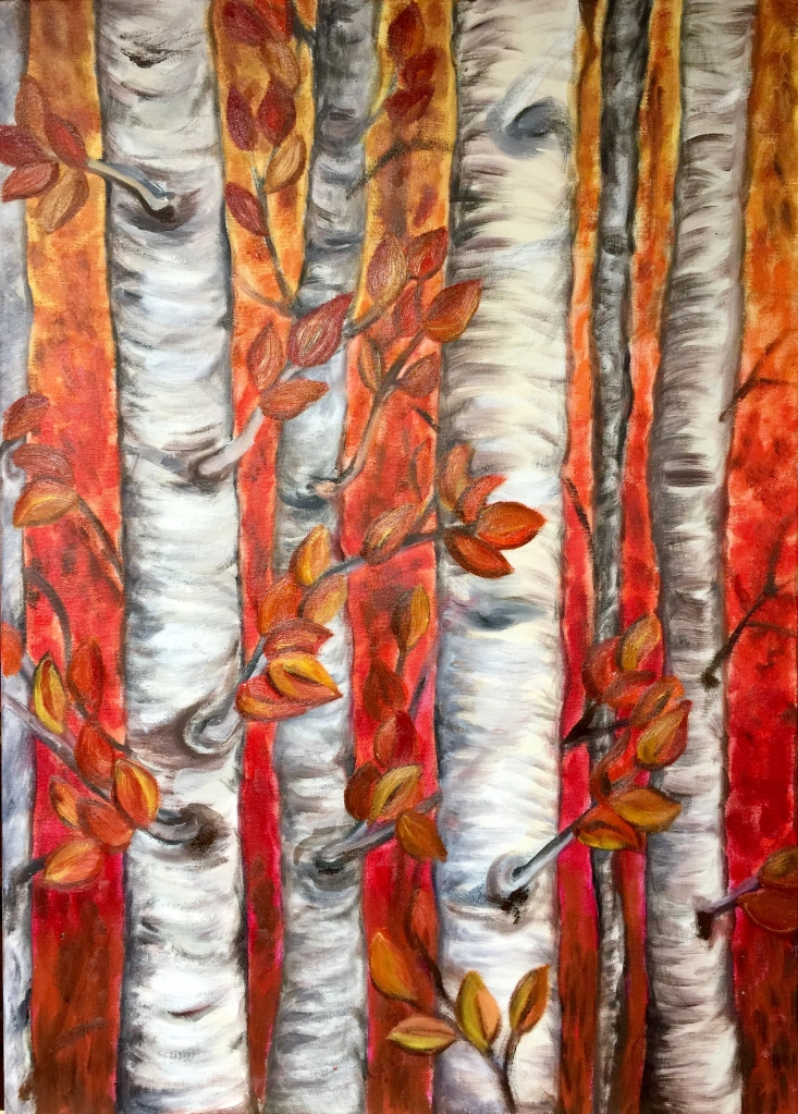 Betulle al tramonto - Tela 50x70 cm
tecnica mista olio/acrilici
In un fuoco di luce si stagliano le betulle che vengono accarezzate dal sole al tramonto, in un caldissimo autunno.