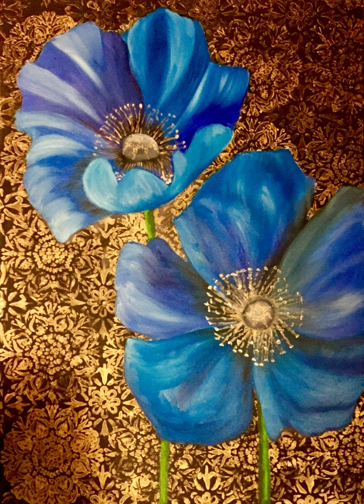 Papaveri in blu - Tela 50x70 cm
tecnica mista olio/acrilici
Blu, come il cielo. Oro, come la luce. Blu e Oro, pensieri preziosi racchiusi tra i petali di questi fiori