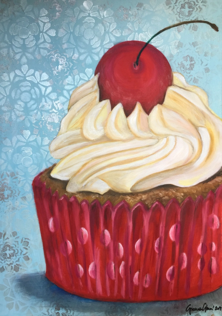 Cupcake goloso - Tela 50x70 cm
Tecnica mista acrilici e olio
Voglia di dolcezza e golosità in questo cupcake con crema e ciliegia
