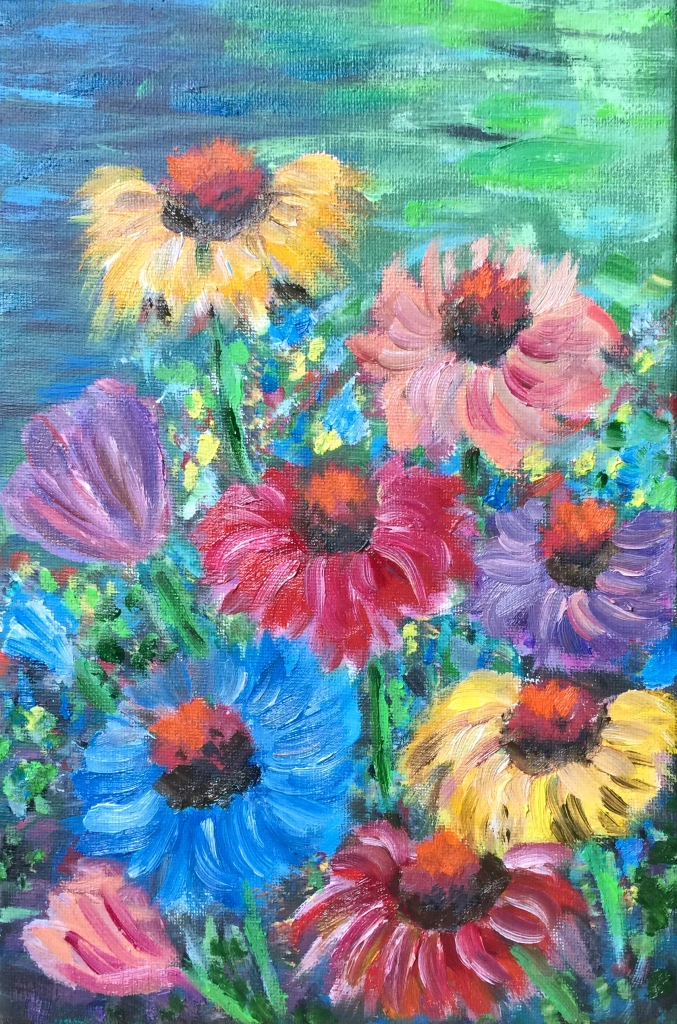 Tela 20x30 cm 
Tecnica mista, acrilici/olio
Collezione privata, Como

Scorcio dei fiori nel giardino di casa, soggetti cari all'artista, che li raffigura con spensieratezza e vivacità.