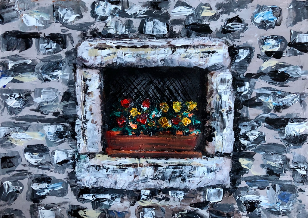 Finestra di paese - 29x42 cm, acrilico su cartoncino, spatola 