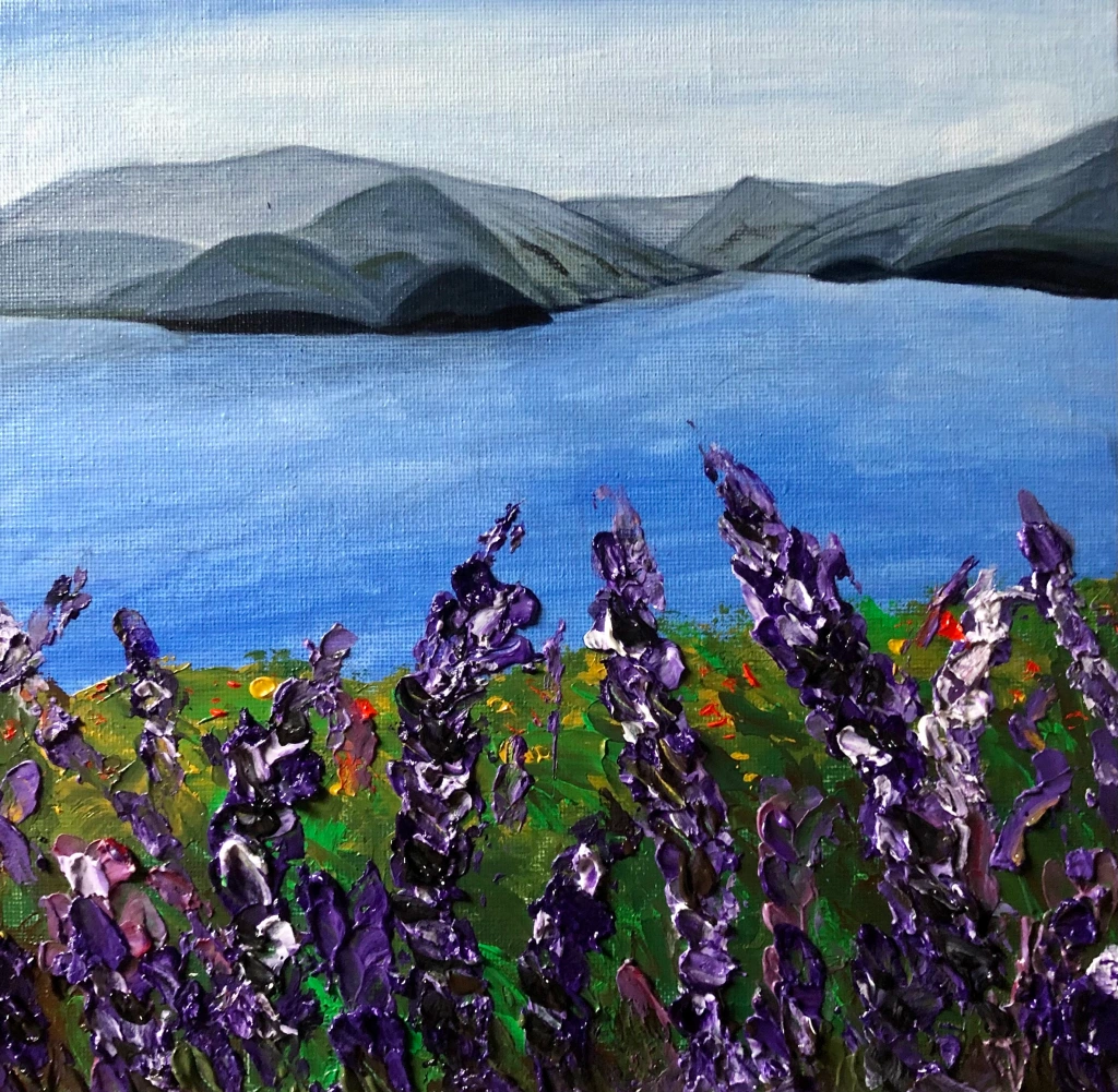 Lago di Como e lavanda- Cartoncino telato 25X25 cm
tecnica Acrilici e Impasto